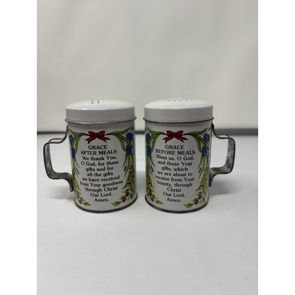 Vintage Tin Salt & Pepper Shakers Grace Before & After Meal Prayers 1950 MCM